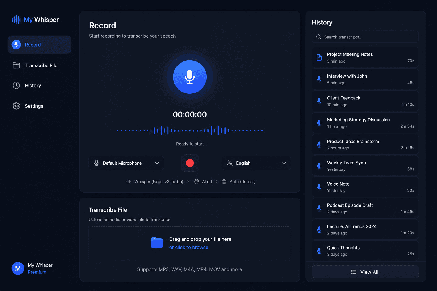 mywisper's new main window — sidebar with Record, Transcribe File and History