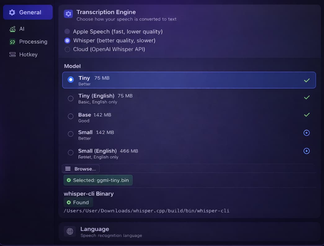 mywisper Settings — Transcription Engine and Model selection on macOS